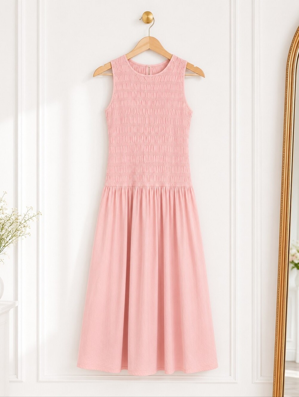 Universal Thread Pink Smocked Midi Dress Size Medium Sleeveless Casual Romantic - Picture 6 of 9